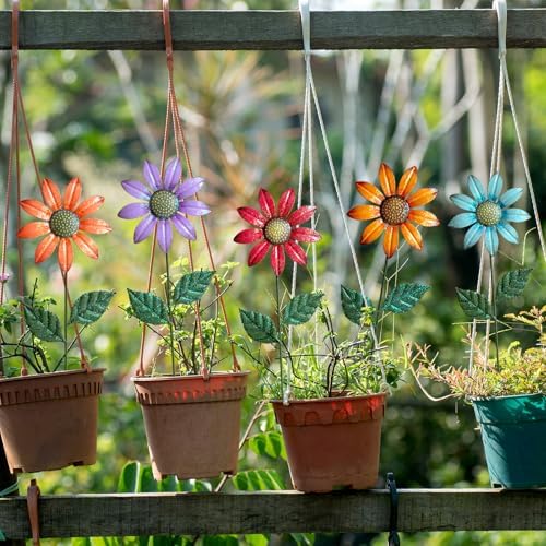 Metal Flowers for Outside,5 Pack 16.15" Decorative Garden Stakes with Swaying Flowers Head Yard Art,Spring Garden Decor for Lawn, Pathway & Yard