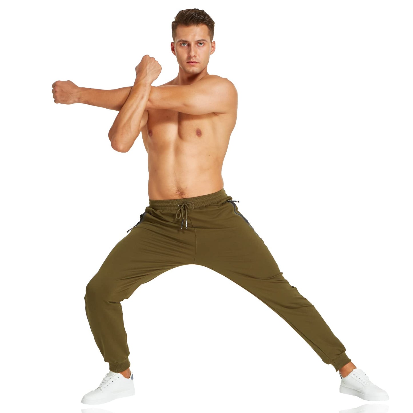 STICKON Mens Casual Joggers Sweatpants Closed Bottom Athletic Track Pants Winter Lounge Sweat Pants for Men with Zipper Pockets Green M