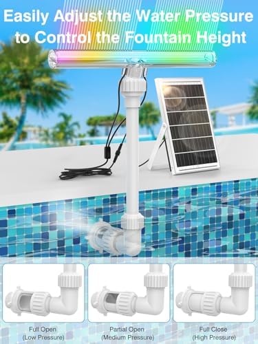 Solar Pool Fountain with 15-Color 10-Mode LED Lights, Above/Inground Pool Fountain Waterfall with Remote & Solar Panel, Adjustable Pool Sprinkler Relaxation & Cooling 10–20°F