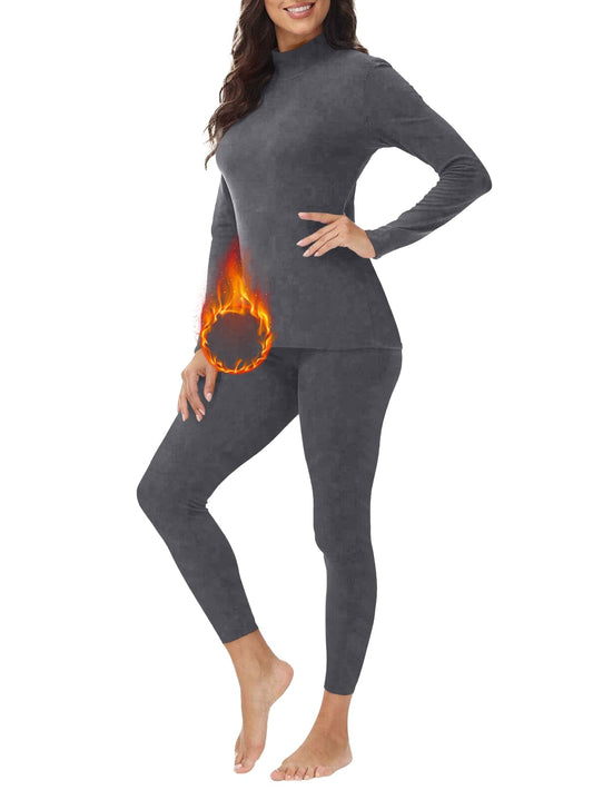 VPESL Womens Mock Neck Thermal Underwear Winter Long Johns with Fleece Lined Long Sleeves Base Layer Set Top Bottom Gray