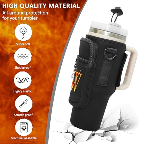 Sunegg Initial Water Bottle Carrier Bag for Stanley 40 oz Tumbler with Handle, Water Bottle Holder Pouch with Phone Pocket, Straw Cover & Carabiner, Nice Accessories for Stanley Cup(Black S)
