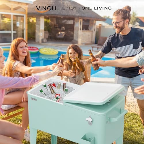 VINGLI 80 Quart Rolling Ice Chest, Portable Patio Party Bar Drink Cooler Cart, with Shelf, Beverage Pool with Bottle Opener