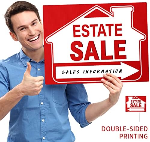 [5 Pack] Estate Sale Signs Set - 16 x 12 Inch Double-Sided Yard Signs With Arrows and Metal H Stakes - Property Sale Directional Signs - Weather-Proof