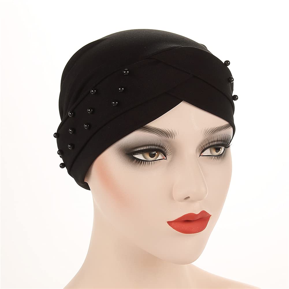 Fxhixiy Women Turban Head Wrap Pre-Tied Beaded Silky Cap Chemo Beanies Chemical Cancer Hair Cover Hat (Black)