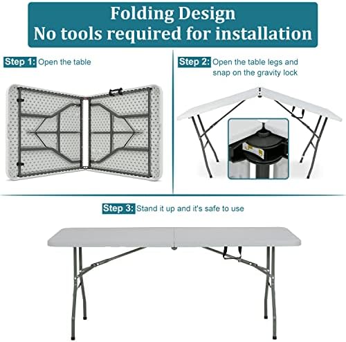 6FT Folding Table, Heavy Duty Plastic Table Portable Fold-in-Half Utility Table Indoor Outdoor Picnic Table w/Handle & Lock for Camping BBQ Party Wedding Market Events, 500LBS