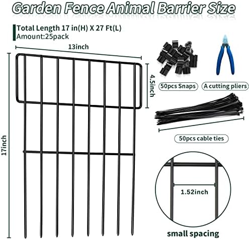 Animal Barrier Fence, 25 Panels No Dig Fence, 27ft(L) x 17in(H) Garden Fences, Under Fences Barrier for Dog Fencing, Rabbit Fencing, Rustproof Metal Fenc Border for Outdoor, Yard, Patio