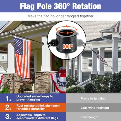 6FT Flag Pole Kit for House with Holder Bracket, Upgrade Stainless Steel Tangle Free Flagpole, Heavy Duty House Flag Pole Kit for 3x5 American Flag for Outside Porch,Outdoor,Boat (Black)