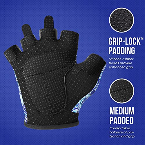 Contraband Pink Label 5387 Womens Design Series Paisley Print Lifting & Rowing Gloves (Pair) - Lightweight Vegan Medium Padded Microfiber Amara Leather w/Griplock Silicone (Blue, X-Small)