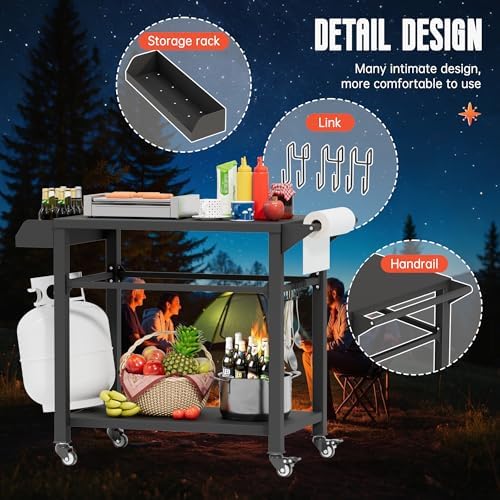 SUNCROWN Outdoor Grill Table with Wheels, Kitchen Cooking Prep Tables Movable BBQ Grill Cart for Garden, Camping, Home Party, Bar, Pizza Oven Table Stand
