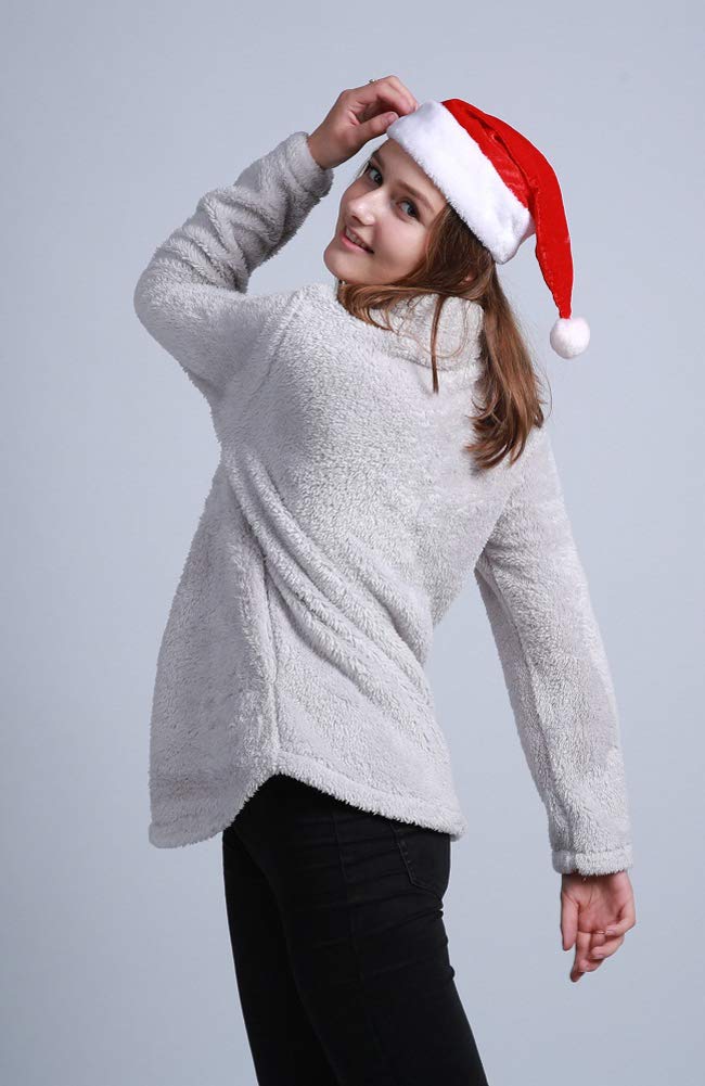 FOURSTEEDS Women's Fuzzy Fur Sherpa Lined Warm Winter Pullover Thermal Sweatshirt Tunic Tops Light Gray XS
