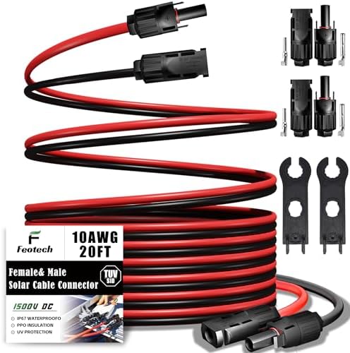 Twin Wire 20FT Solar Extension Cable - 10AWG (6mm²) Solar Panel Connector, with IP67-Male/Female Solar connectors for Outdoor Automotive RV Boat Marine Solar Panel- Black & Red