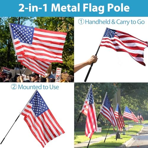 Flag Pole Portable, 5 ft Flag Poles for 3x5 Flags Outdoor, American Flag with Pole for Outside, Handheld Black Flagpole Kit for Carry Use, Parade, Guide, Extendable