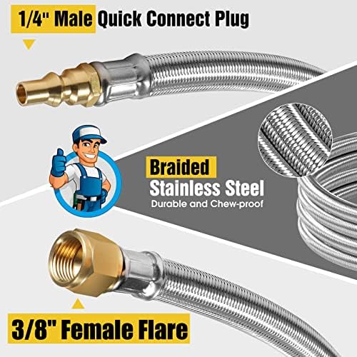 Propane Hose, 12FT Stainless Steel Quick Connect Hose for RV, 1/4'' Quick Disconnect Connect for RV to Gas Grill, Compatible with 1 LB Portable Appliance to RV 1/4" Female Quick Disconnect