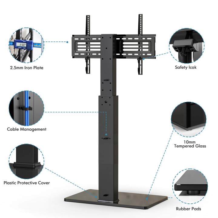 FITUEYES Swivel Floor TV Stand with Mount for TVs 37 43 50 55 60 65 70 75 Inch LCD LED Flat/Curved Screens Universal Swivel Televisions TV Mount Stand for Bedroom Living Room Black Tempered Glass Base
