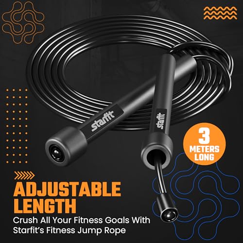 STARFIT Lightweight Jump Rope with Plastic Handles for Fitness and Exercise - Adjustable - Tangle-Free Skipping Rope for Crossfit, Gym, Cardio and Endurance Training, Workout (Black)