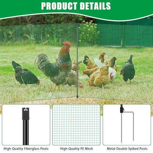 Temporary Fence, 3' x 49.2' Non Electric Fence Netting with Double Spiked Posts & Windproof Kit, Portable Movable Poultry Netting Mesh for Dogs, Chickens or Farms, Backyards and Ranches