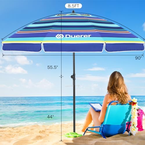 Duerer Beach Umbrellas, 8.5FT Beach Umbrella for Sand with Anchor Heavy Duty Windproof, Height Adjustable Tilt Iron Pole, Portable Beach Umbrella with Carrying Bag for Beach, Patio Garden Outdoor
