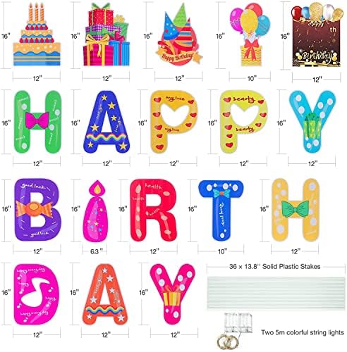 HOMENOTE 18Pcs Happy Birthday Yard Signs with Stakes 16”Large Size,LED Lights 2 x 5 m and Personalized Signs, Birthday Letters for Yard Lawn Outdoor Decoration Party Supplies