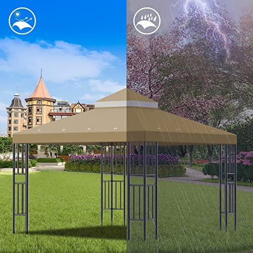 Sumfaller 10x10 FT Gazebo Replacement Canopy Top Cover Double Tiered Canopy Top Cover for Outdoor BBQ Roof Cover Grill Shelter (Brown)