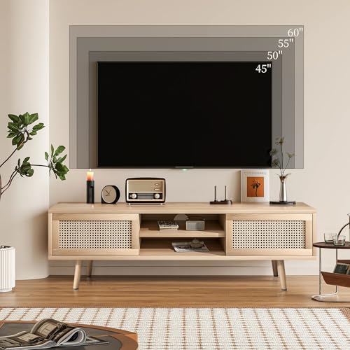 Rattan TV Stand for Bedroom, Entertainment Center for 55 Inch TV, Modern TV Stands with Storage, Small TV Media Table, TV Console Cabinet for Living Room, Farmhouse, Oak, Wood