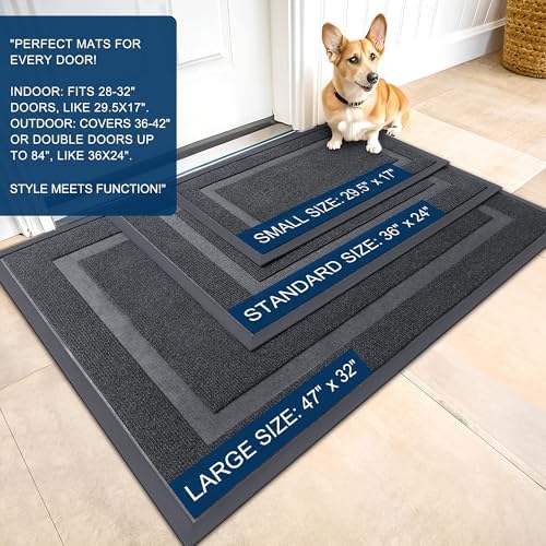 OLANLY Front Door Mat Indoor Outdoor Entrance, Waterproof All-Season, All-Weather Doormat, Sturdy Natural Rubber, Fade Resistant, Low Profile, Easy Clean Patio Porch Entryway Mat, 36x24, Grey