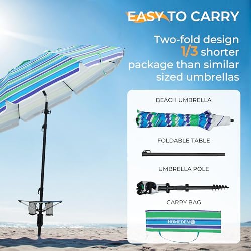 HOMEDEMO 7ft Beach Umbrellas For Sand Heavy Duty Wind, Portable Beach Umbrella UPF 50+ Windproof Outdoor Beach Umbrella with Sand Anchor, Tilt Pole, Carry Bag, Table Tray, Vent and Hook