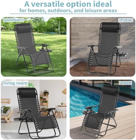 Zero Gravity Chairs Set of 2, 350lbs Capacity Folding Outdoor Patio Recliner with Adjustable Headrest & Cup Holder, Anti Gravity Chair for Backyard, Poolside & Lawn (Black)