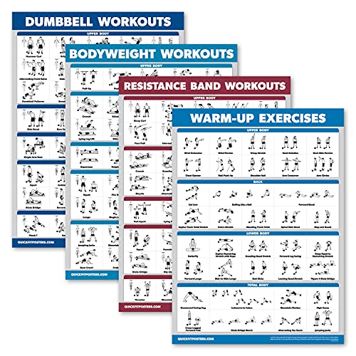 Palace Learning 4 Pack - Dumbbell Workouts + Bodyweight Exercises + Resistance Bands Workouts + Warm Up Exercises - Set of 4 Workout Charts (LAMINATED, 18” x 24”)