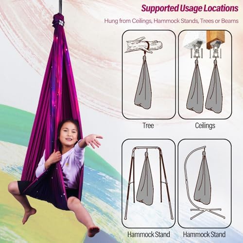 Sensory Swing for Kids & Adults Holds up to 300lbs Indoor & Outdoor Double Layer Therapy Cuddle Swing with 360° Swivel Hanger Kit for Calming, Effect for Autism, ADHD or SPD. (Galaxy Purple)