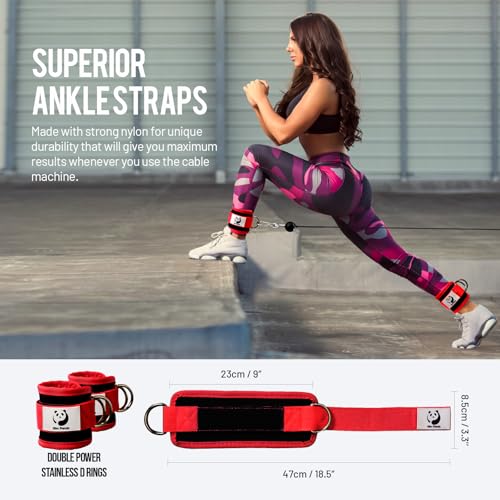 Slim Panda Ankle Strap for Cable Machine,Ankle Cuff for Kickbacks, Booty Hip Abductors,Glute Workouts, Leg Extensions, Curls for Men and Women, Adjustable with Double D-Rings (Pair, Red)