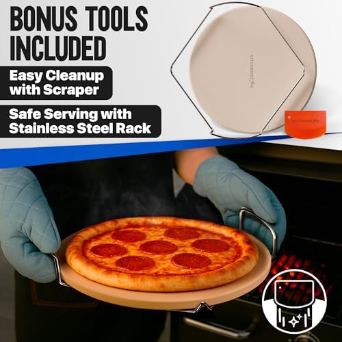 KitchenStar 16-inch Pizza Stone for Oven and BBQ Grill with Handles, Round, 5/8" Thick - Natural Cordierite, 1800 °F Resistant, Baking Stone Set with Stainless Steel Rack & Plastic Scraper Tool