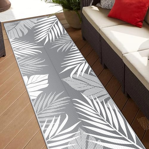 GENIMO Outdoor Rug 2.5' x 8' Waterproof for Patios Clearance, Reversible Outdoor Plastic Straw Hallway Runner Rug Carpet, Entryway Rugs Mats for Deck, Porch, Balcony, Camping, RV, Camper, Grey&White