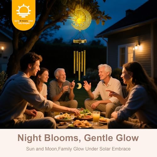 JYPS Sun Moon Solar Wind Chimes, 47-Inch Large Waterproof Windchimes for Outside with Glowing Crackle Glass Ball, Garden Patio Yard Decor Mother's Day Birthday Unique Gifts for Women Mom Grandma Wife