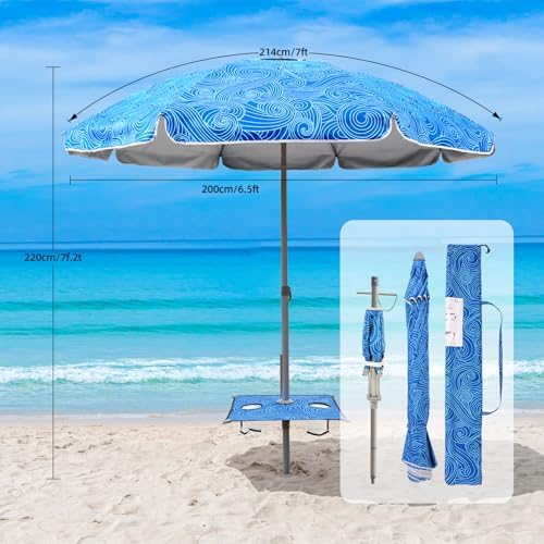 7ft Beach Umbrella with Built-in Table Tray，UPF 50+ beach umbrellas for sand heavy duty wind portable, Windproof Outdoor Shade Umbrella for Patio Garden