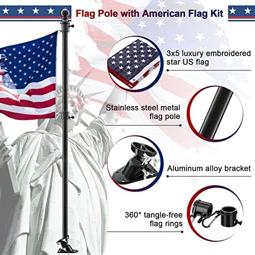 Flag Pole with American Flag - Tangle Free Flag Poles for Outside House with 3x5 Embroidered US Flags,Flagpole Holder Bracket - 5ft Heavy Duty Outdoor Flag Pole Kit for Porch - Black