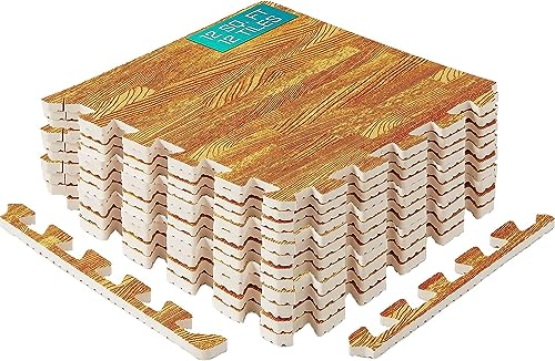 Yes4All 12SQ.FT Wood Grain Puzzle Exercise Mat Protective Flooring, EVA Interlocking Foam Floor Tiles with Border for Home