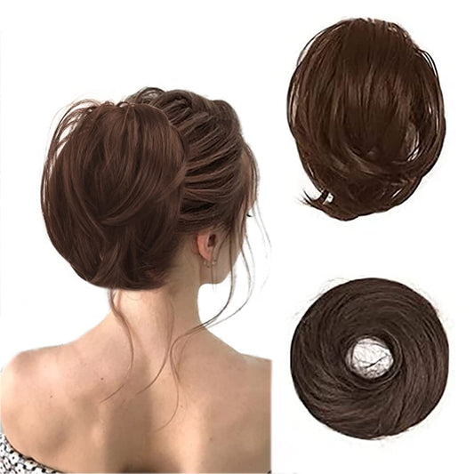 BARSDAR Straight Hair Bun Extensions - Synthetic Fully Short Straight Ponytail Hair Bun Extensions for Women - Elastic Messy Hair Bun Hairpieces Scrunchies Daily - Medium Chestnut Brown