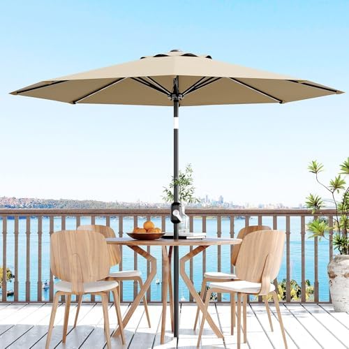 10Ft Patio Umbrella - 8 Sturdy Ribs Outdoor Table Umbrella with Crank Lift & Push Button Tilt - Market Umbrella for Pool, Deck, Yard, Garden - Tan