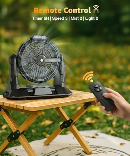lynker Portable Misting Fan with Remote, Camping Fan with 20000mAh Rechargeable Battery Operated, 6L Water Tank, 3 Speed Levels, 2 Spray Modes, Hanging & Lighting for Outdoor Indoor Cooling (Black)