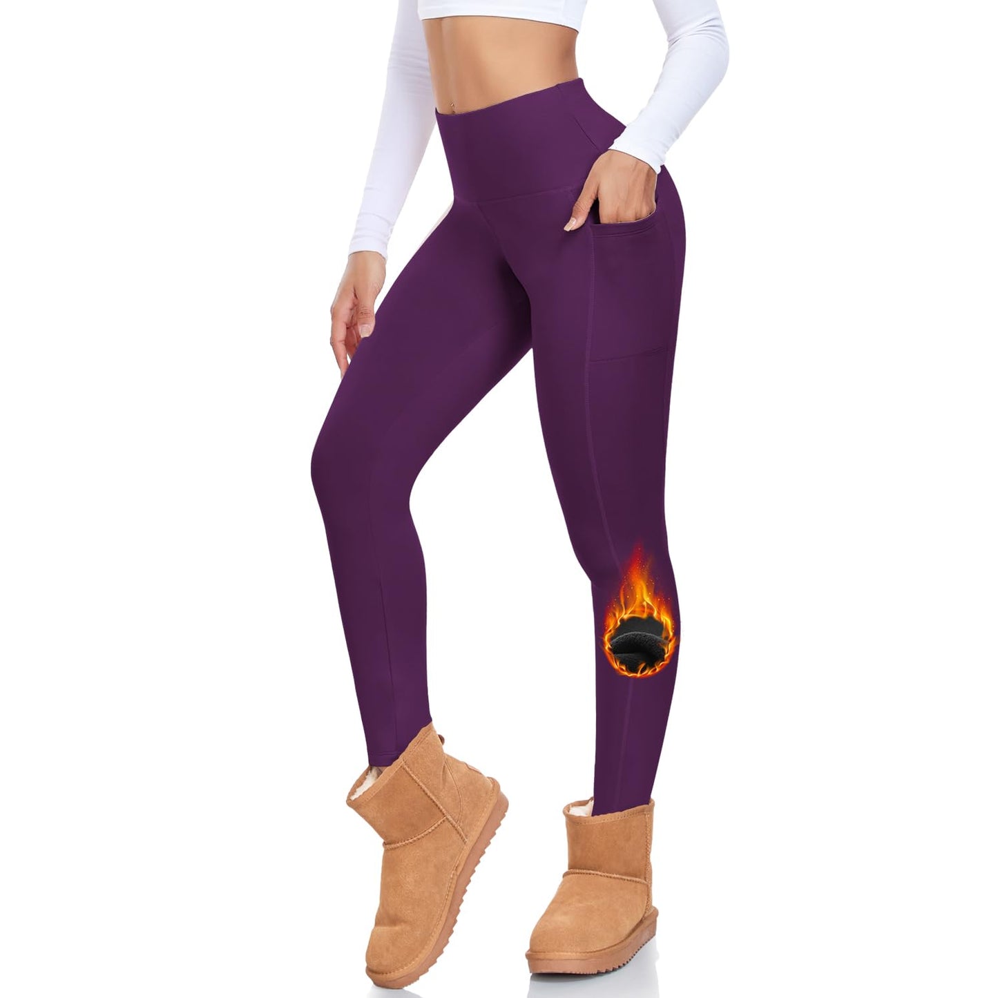 MOREFEEL Fleece Lined Leggings with Pockets for Women High Waisted Thermal Winter Tummy Control Yoga Pants Workout Tights Purple