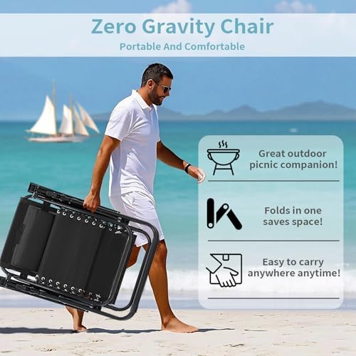 Zero Gravity Chairs Set of 2, 350lbs Capacity Folding Outdoor Patio Recliner with Adjustable Headrest & Cup Holder, Anti Gravity Chair for Backyard, Poolside & Lawn (Black)