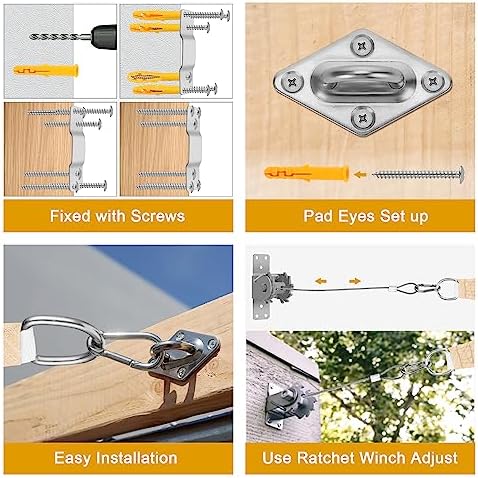 Duerer Sun Shade Sail Hardware Kit Winch Set 60pcs for Rectangle Triangle Sun Shade Sails Canopy Installation Stainless Steel Accessories for Outdoor Garden Patio(2 * Ratchet Winch + 4* 6.6ft Cables)