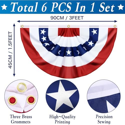 6 Pack Large Size 1.5 X 3 FT American Bunting Flag 4th of July Decorations, USA Pleated Fan Flag Memorial Day Patriotic Half Fan Banner 100% Polyester Fourth July Independence Day Outdoor Indoor Decor