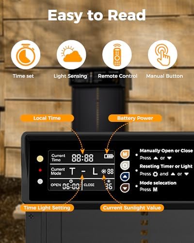 Solar Powered Automatic Chicken Coop Door, LCD Display, Timer & Light Sensor, 20-m Remote Control,Electirc Door,4 Modes, USB Rechargeable Battery, Black