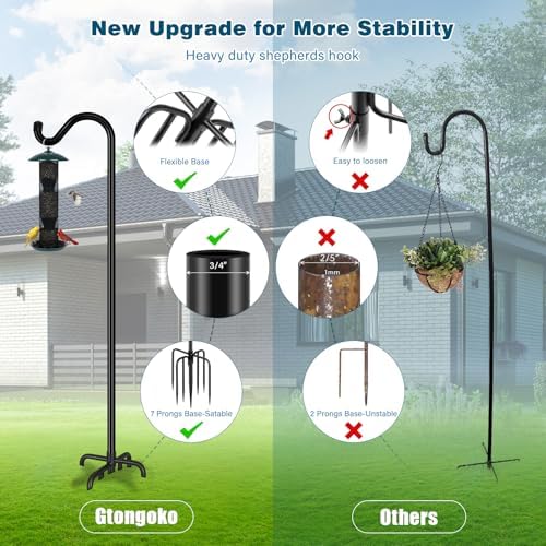 Gtongoko Shepherds Hook for Outdoor, 92 Inch Bird Feeder Pole with 7 Prongs Base, 3/4 Inch Thick Heavy Duty Adjustable Garden Hook for Hanging Plant, Hummingbird Feeder, Lantern, 1 Pack