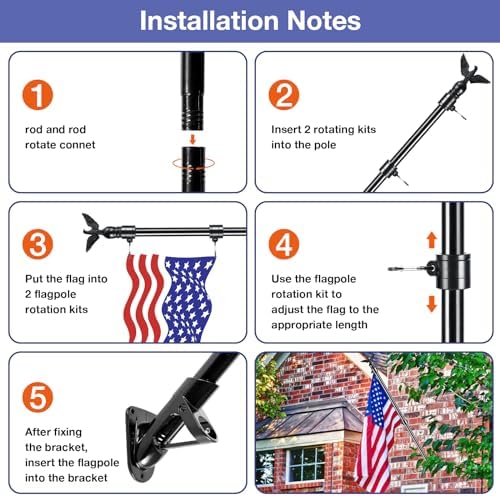 6FT Flag Pole Kit for House with Holder Bracket, Upgrade Stainless Steel Tangle Free Flagpole, Heavy Duty House Flag Pole Kit for 3x5 American Flag for Outside Porch,Outdoor,Boat (Black)