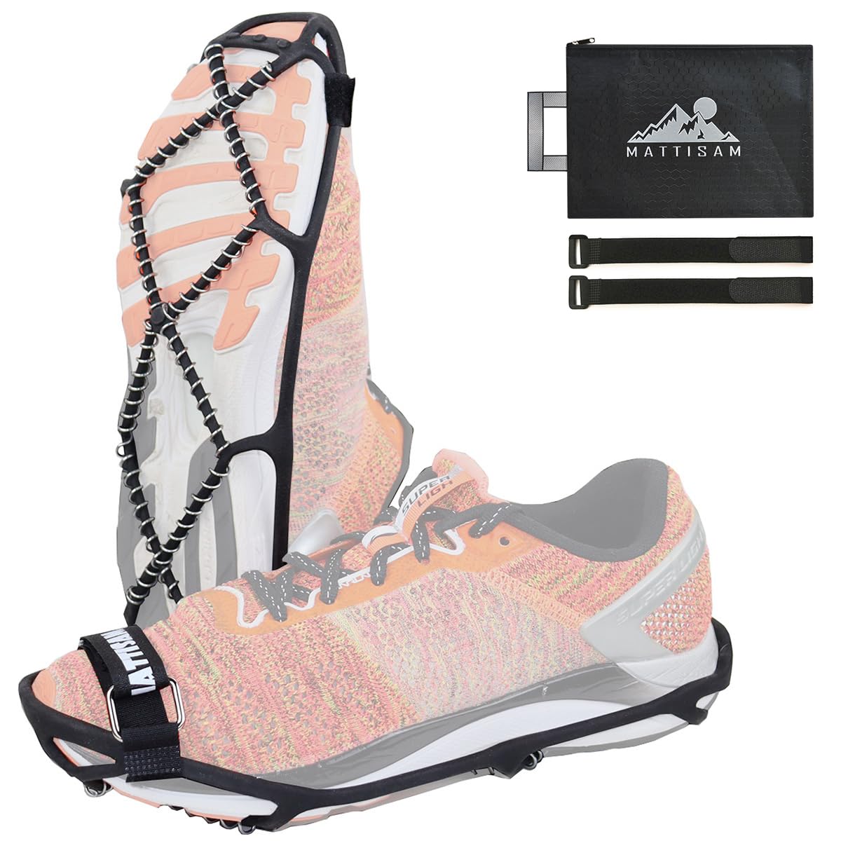 MATTISAM Ice Cleats for Walking on Ice Snow, Crampons Traction Grips Spikes for Shoes Boots, Anti-Slip Flexible Footwear Grippers for Climbing Hiking Fishing Outdoor Running with 2 Adjustable Straps