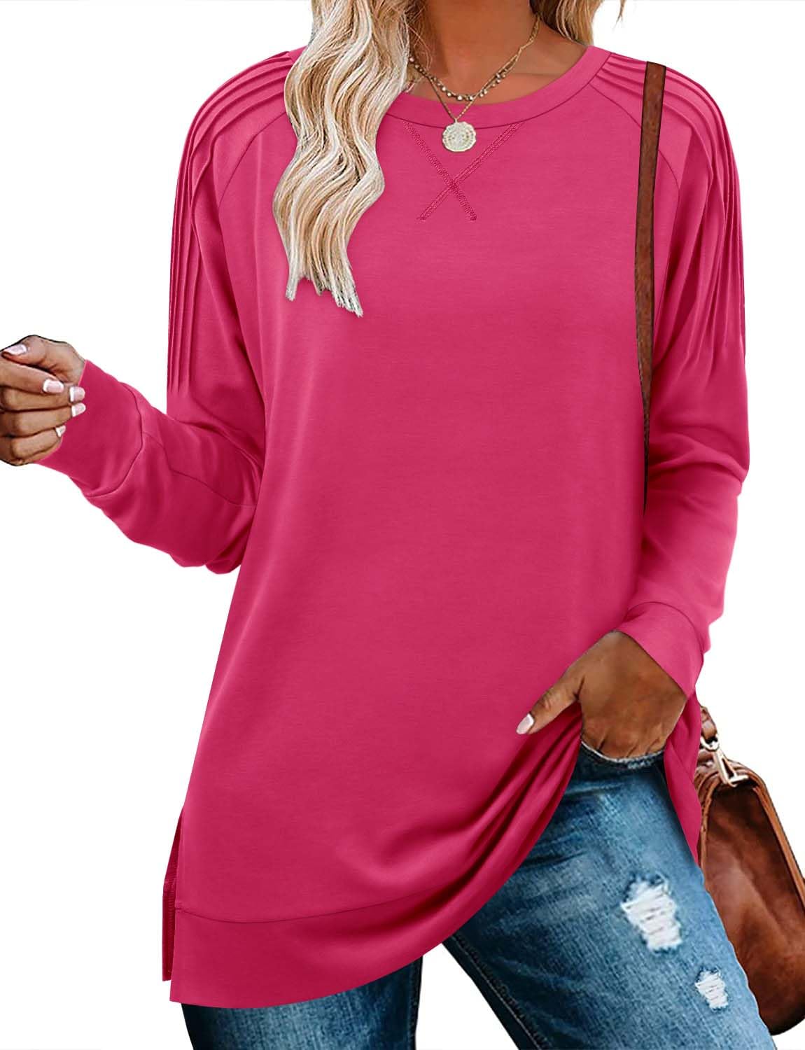BETTE BOUTIK Plain Tunic Women Ruffle Sweatshirt Plain Basic Crewneck Sweatshirt Long Sleeve Tunic with Slits on Sides Sweatshirt Tunics for Women Rose X-Large