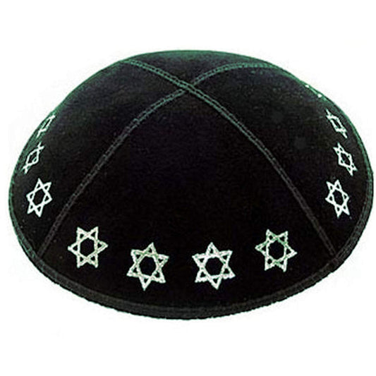 Holy Land Market Foil Embossed Suede Kippah - Stars of David (Silver Stars)
