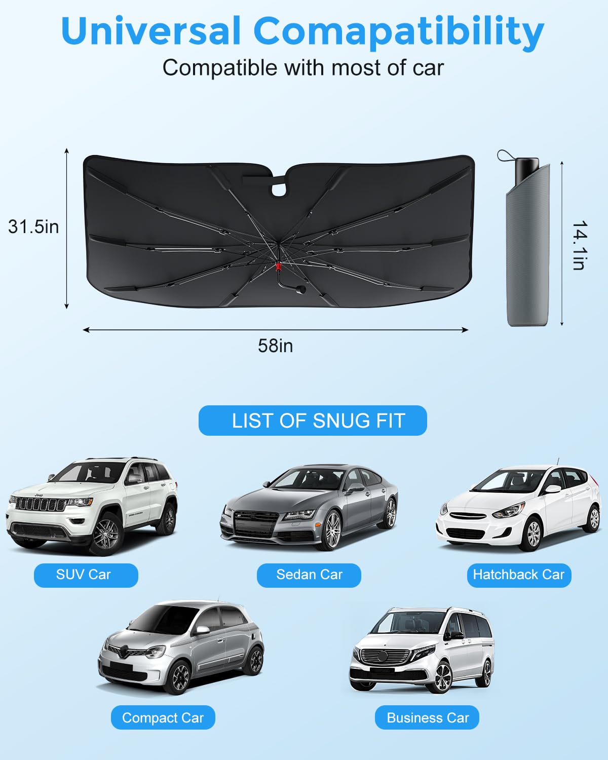 [2025 Updated] Bolamp Car Windshield Sun Shade, [Effective Keep Cool] Spring Structure Umbrella Sunshade for Automobile Windshield, Protect Cars Interior from Sun Rays, Heat Damage - Medium